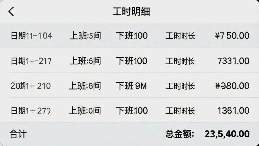一张余时保APP的工时统计界面截图,屏幕上方显示“工时明细”标题,下方以列表形式展示多条打卡记录,每条记录包含日期、上班时间、下班时间、工时时长和对应金额,列表背景为浅灰色,文字清晰,底部有“合计”栏,突出显示总工时和总金额,整体界面简洁,数据排版整齐,画质清晰,无多余元素