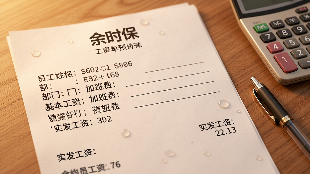 一张余时保生成的工资单预览图,纸质工资单上清晰打印着员工姓名、部门、基本工资、加班费、实发工资等字段,桌面背景为木质纹理,旁边放有计算器和签字笔,整体画面偏暖色调,专业感强,画质高清,无多余元素