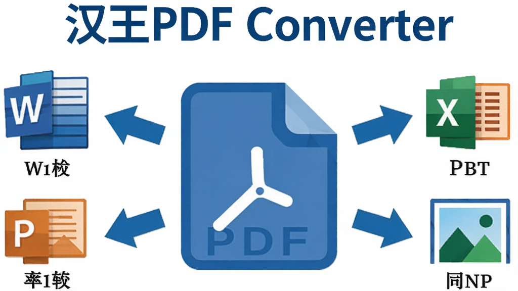 主体:汉王PDF Converter的格式转换功能示意图。布局:中心为PDF图标,周围环绕Word、Excel、PPT、图片等格式图标,箭头指向各个方向。排版:图标排列整齐,色彩鲜明。风格:扁平化设计,商务蓝为主色调。细节:每个图标下方标有格式名称,顶部有“汉王PDF Converter”字样。画质:高清,干净,无多余元素。