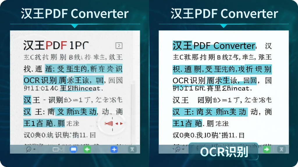 主体:汉王PDF Converter的OCR识别功能演示。布局:左侧为原始扫描PDF图像,右侧为识别后的可编辑文本。排版:对比展示清晰明了。风格:科技感,蓝绿色调。细节:识别文字高亮显示,标注“汉王PDF Converter”和“OCR识别”。画质:清晰,干净,无多余元素。