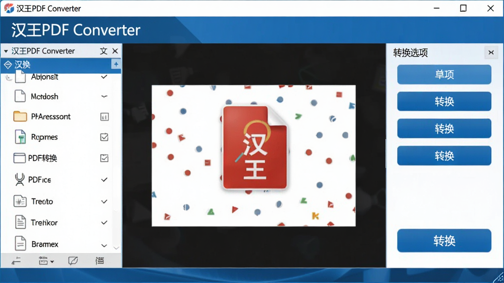 主体:汉王PDF Converter软件主界面,展示PDF转换功能。布局:左侧为文件列表,右侧为转换选项面板,中间为预览区域。排版:界面简洁清晰,功能按钮排列整齐。风格:现代商务风格,蓝白配色。细节:屏幕上有“汉王PDF Converter”字样和“转换”按钮。画质:高清,干净,无多余元素。