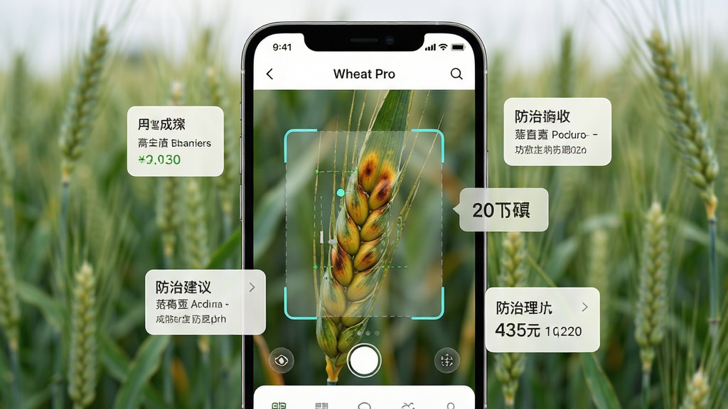 一幅展示智能手机屏幕上的Wheat Pro应用界面的高清图片,屏幕中央是一株感染锈病的小麦叶片特写,应用通过扫描框精准识别并标注出病害名称与防治建议,背景是模糊的绿色麦田,界面简洁现代,色彩清新自然,整体布局以手机为主体居中,辅以漂浮的识别数据卡片,风格写实且科技感十足,画质细腻清晰,干净无多余元素
