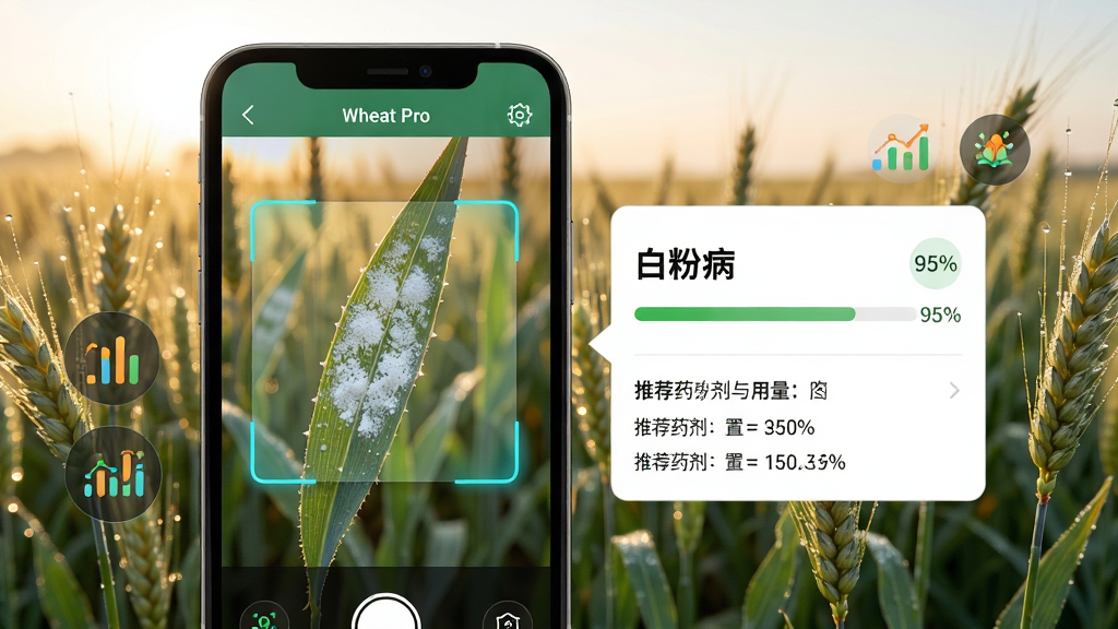 展示Wheat Pro应用识别小麦白粉病的过程,手机屏幕显示扫描框对准一片布满白色粉状物的麦叶,旁边弹出识别结果卡片,标明