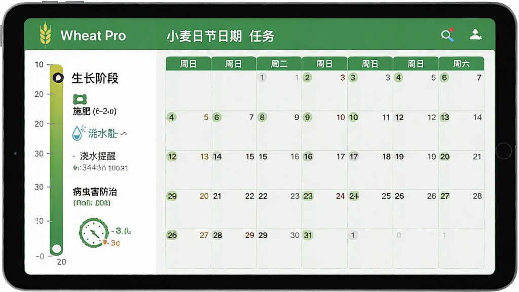 展示Wheat Pro的农事日历界面,屏幕上显示小麦拔节期的管理任务列表,包括施肥建议、浇水提醒和病虫害防治时间,界面采用绿色主题,日历网格清晰,左侧有小麦生长阶段的进度条,背景为电脑或平板设备,整体风格扁平化设计,色彩明快,细节丰富,画质干净,无多余元素