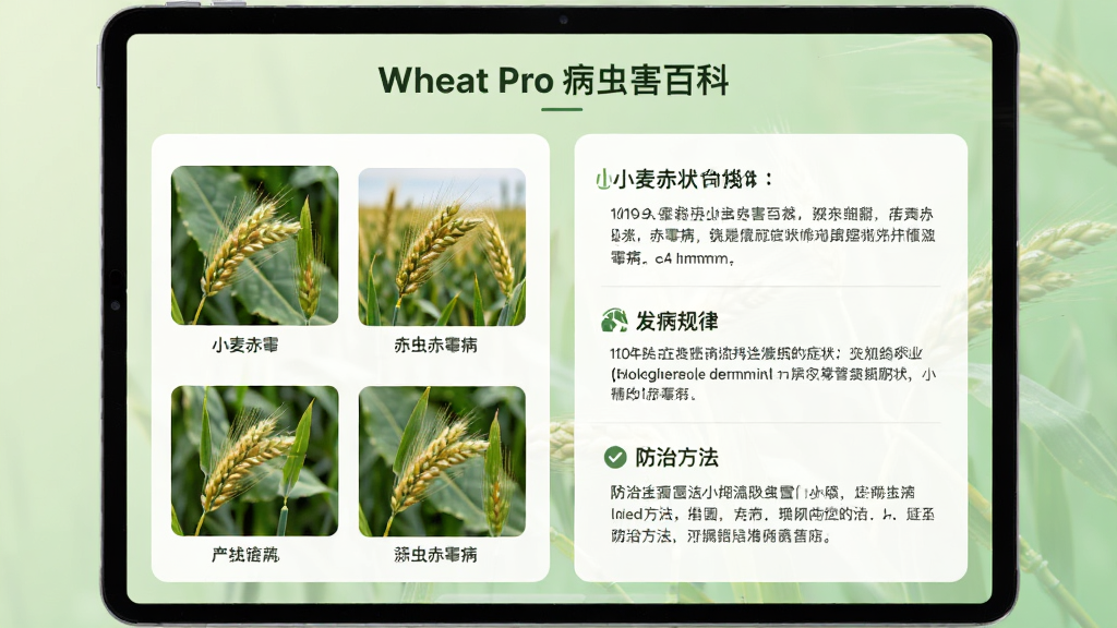 展示Wheat Pro的病虫害百科页面,屏幕上显示小麦赤霉病的详细介绍,包括症状图片、发病规律和防治方法,排版采用卡片式布局,左侧为症状图集,右侧为文字说明,背景为浅绿色渐变,风格简洁专业,画质清晰,干净无多余元素
