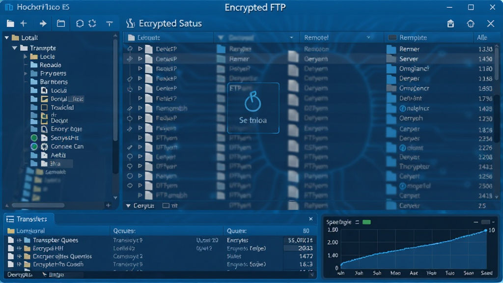 Encrypted FTP软件主界面截图,展示文件传输列表和加密连接状态图标,布局清晰,左侧为本地目录树,右侧为远程服务器文件列表,底部显示传输队列和速度图表,整体风格现代简洁,蓝色科技色调,画质清晰,干净无多余元素