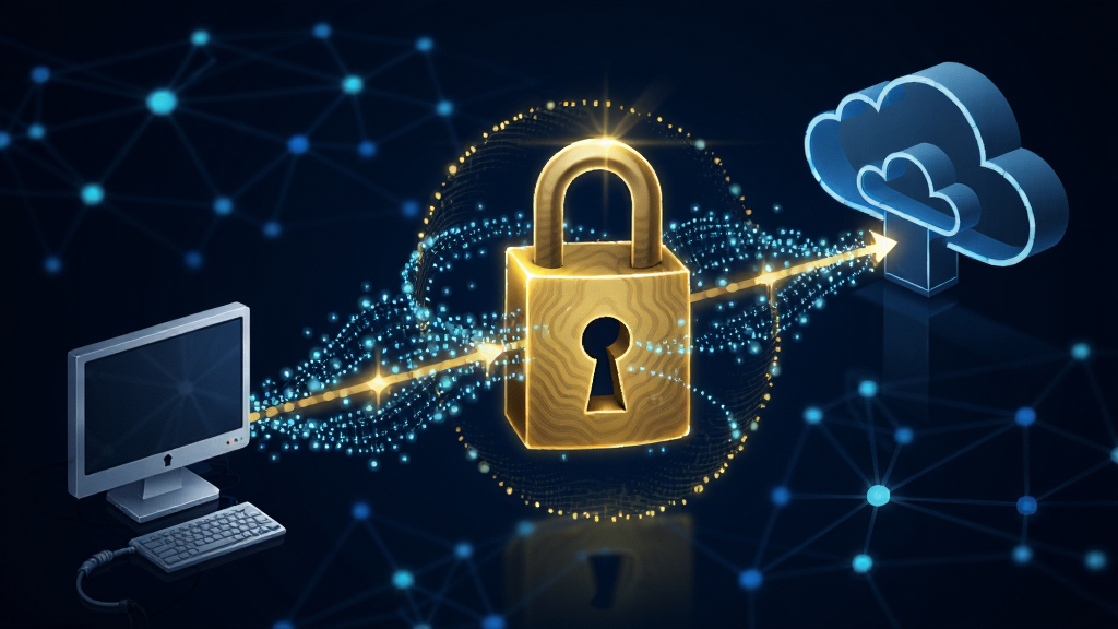 Encrypted FTP加密传输过程示意图,展示数据通过加密隧道从本地电脑传输到云端服务器的过程,画面中央有巨大的金色锁头图标,周围环绕着流动的数据光点,背景为深蓝色科技感网络节点,整体风格抽象且富有科技感,画质细腻,无多余元素