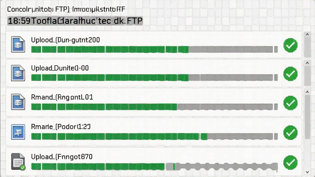 Encrypted FTP多任务并行传输界面,显示多个文件同时上传下载的进度条,界面顶部有并发传输数量标识,每个文件旁有绿色对勾表示传输成功,背景为浅灰色网格,整体风格清爽简洁,画质干净