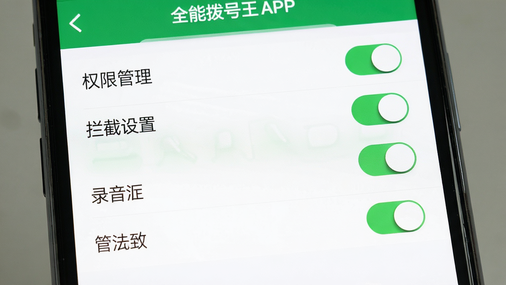 主体:手机屏幕展示全能拨号王APP的设置界面,显示权限管理选项。布局:设置列表从上到下依次为权限管理、拦截设置、录音设置等。排版:列表项清晰,每项右侧有开关按钮。风格:简洁明亮风格,绿色开关表示已开启。细节:屏幕中“通讯录权限”开关处于开启状态。画质:高清,界面干净,无多余元素。