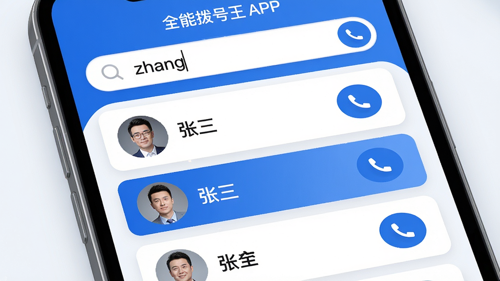 主体:全能拨号王APP的智能拨号功能界面,显示搜索框和匹配的联系人列表。布局:搜索框位于顶部,下方依次排列联系人头像和名称,右侧显示拨号按钮。排版:列表采用单列布局,信息清晰易读。风格:简洁商务风格,蓝白配色,圆角卡片设计。细节:搜索框中输入“zhang”,下方匹配出多个联系人,其中“张三”高亮显示。画质:界面高清,质感细腻,无多余元素。