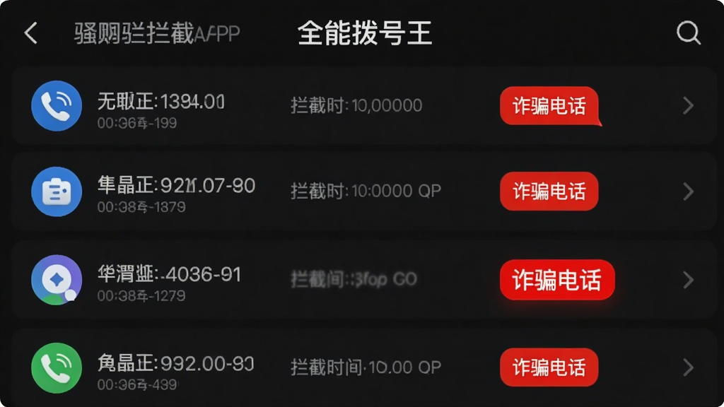 主体:全能拨号王APP的骚扰拦截界面,显示拦截记录列表。布局:列表项包含号码、拦截时间、拦截类型标签。排版:单列列表,每行信息完整。风格:深色主题,红色点缀危险拦截项。细节:列表中显示多个号码被拦截,其中一条标记为“诈骗电话”。画质:界面清晰,红色标签醒目。