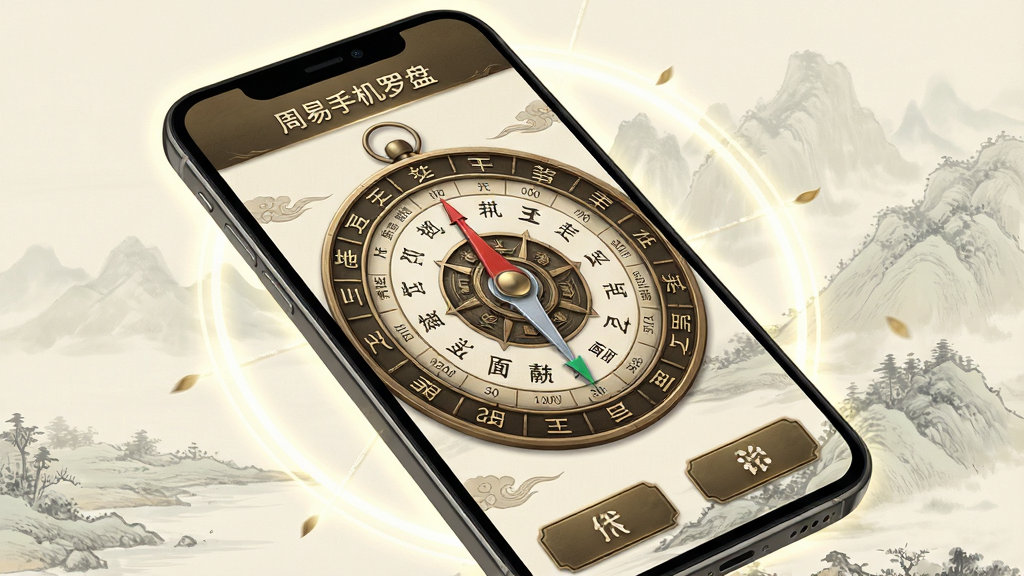 主体:周易手机罗盘应用界面展示,手机屏幕内显示精美的罗盘表盘,刻度清晰,指针指向正南方向,背景为淡雅的山水画。布局:手机位于画面中央,略微倾斜,周围有柔和的光晕,突出应用界面。排版:罗盘表盘占据屏幕大部分,顶部有“周易手机罗盘”字样,底部为功能按钮。风格:写实与科技感结合,色彩以古铜色和米白色为主,体现传统文化韵味。细节:罗盘上的天干地支、二十四山文字清晰可见,界面光影自然。画质:高清渲染,干净无多余元素。