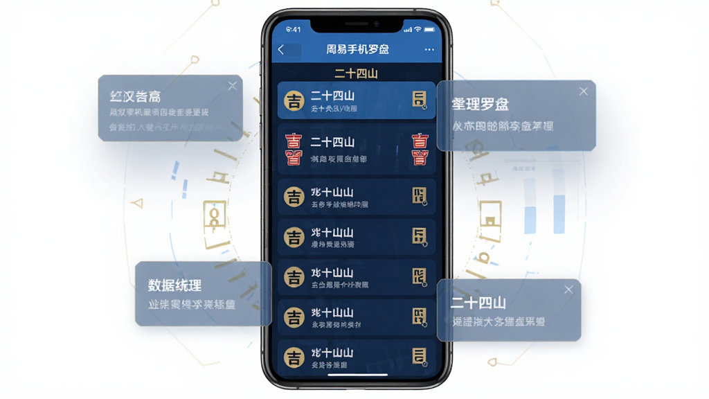 主体:周易手机罗盘应用数据展示界面,屏幕上显示“二十四山”详细列表,每个方位配有吉凶图标。布局:手机屏幕居中,周围有半透明的数据框,突出显示内容。排版:列表形式,从上到下排列,字体清晰。风格:扁平化设计,蓝色与金色配色,科技感强。细节:每个条目有简要注释,界面整洁。画质:高清,干净无多余元素。