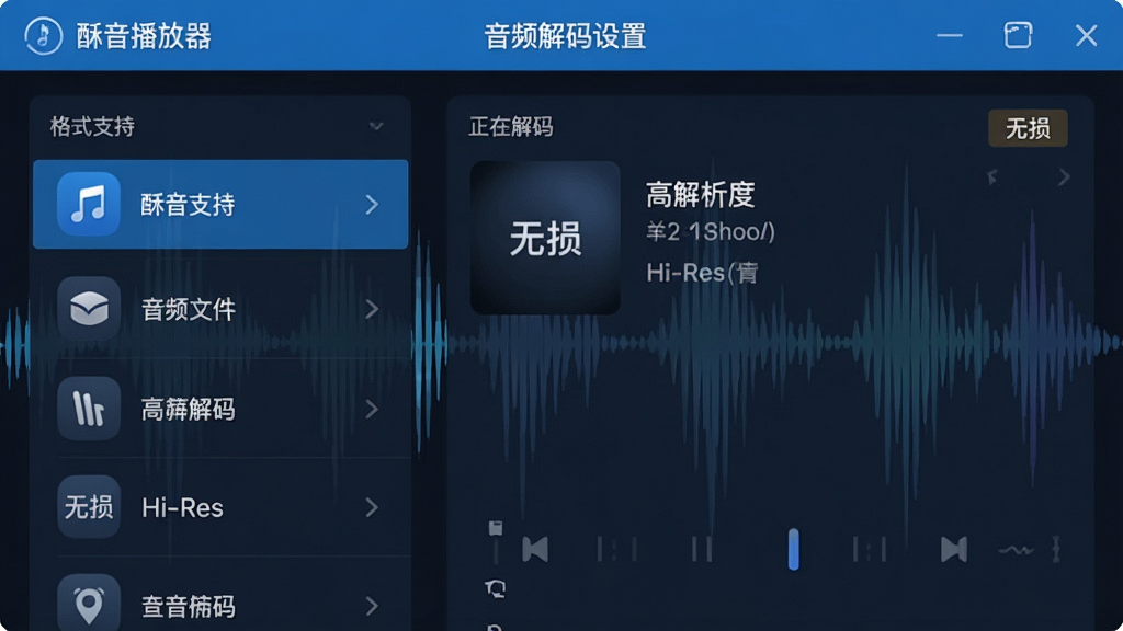 主体为“酥音播放器”应用内“音频解码设置”界面的截图展示,背景是淡雅的声波波形图。布局采用左右分栏,左侧是格式支持列表图标,右侧是正在解码的高解析度音频文件信息。排版以科技蓝为主色调,风格简约专业,细节处突出“无损”、“Hi-Res”字样,画质干净清晰,无多余元素。