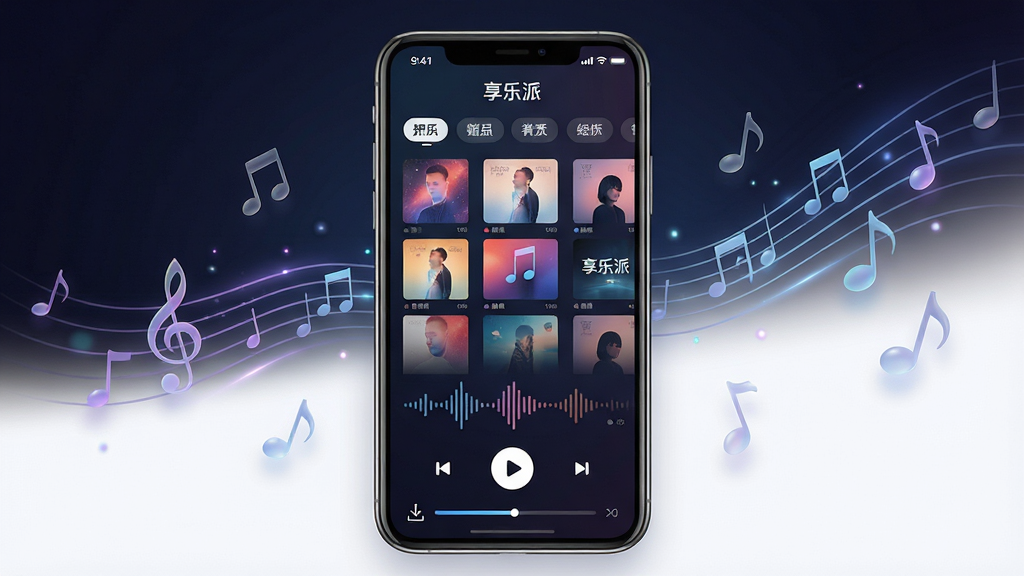 主体:一款名为“享乐派”的手机音乐应用界面,屏幕中展示着精美的专辑封面墙和播放列表。布局:手机居中,屏幕朝上,界面清晰展示应用名称“享乐派”和音乐分类标签。排版:主视觉突出,背景为深色渐变,配合流动的音符光影效果。风格:现代科技感与音乐艺术感融合,画面干净明亮。细节:屏幕内可见音乐波形图、播放按钮和下载进度条,周围漂浮着半透明的音符元素。画质:4K高清,干净,无多余元素。