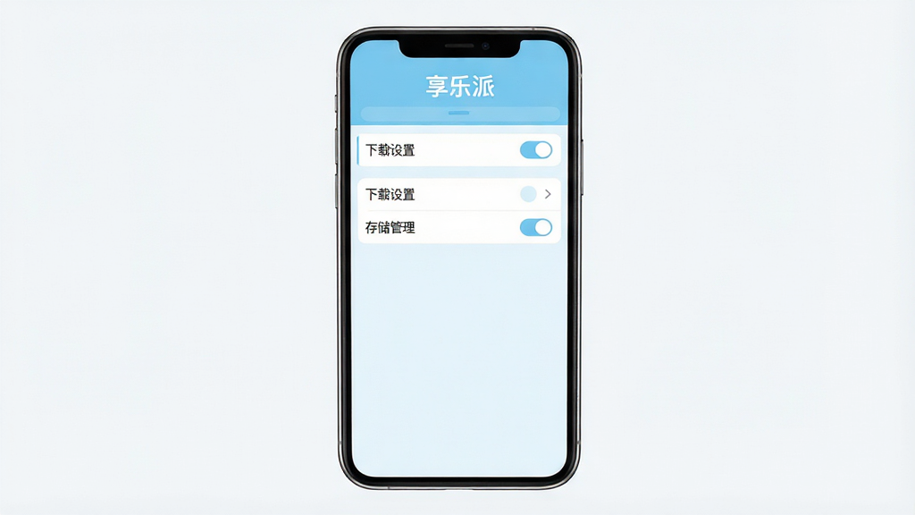 主体:手机屏幕显示“享乐派”应用设置界面,展示“下载设置”和“存储管理”选项。布局:手机居中,屏幕清晰显示设置列表。排版:界面简洁,有“享乐派”字样在顶部。风格:扁平化设计,浅蓝主色调。细节:每个设置项右侧有开关或箭头,背景干净。画质:高清,干净,无多余元素。