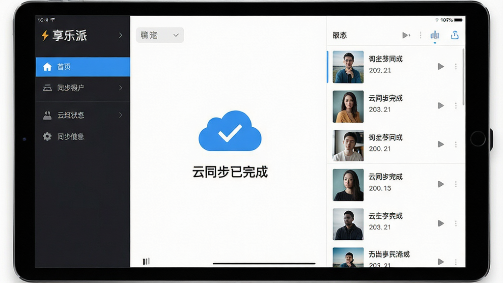 主体:“享乐派”应用在平板电脑上运行的界面,显示云同步状态和播放列表。布局:平板横放,屏幕中央显示“云同步已完成”提示,右侧为歌曲列表。排版:界面分区明确,左侧为导航栏,右侧为内容区。风格:商务简洁风格,背景白色,强调功能清晰。细节:屏幕中可见云朵图标和同步对勾,歌曲标题清晰。画质:高清,干净,无多余元素。