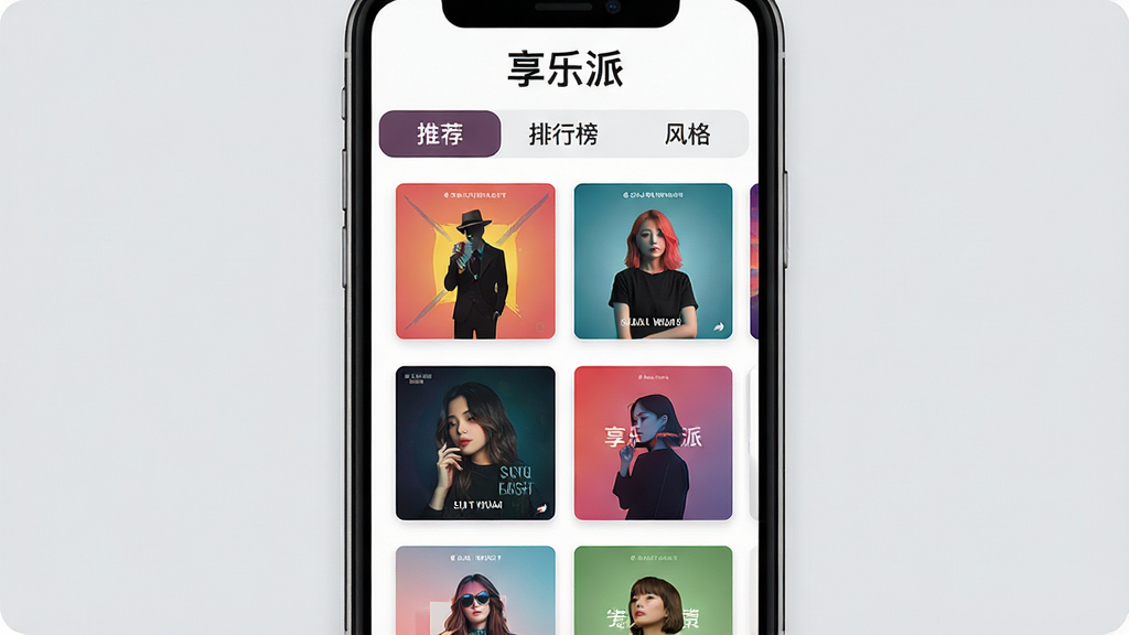 主体:“享乐派”应用内的音乐分类浏览界面,展示“推荐”、“排行榜”、“风格”等标签页。布局:手机屏幕占据画面主体,界面列表显示多张专辑封面缩略图。排版:采用网格布局,色彩丰富但不杂乱,顶部有“享乐派”字样。风格:清新简洁的UI设计风格,符合现代审美。细节:专辑封面清晰可辨,列表滑动流畅,背景为浅灰色纯色。画质:高清,干净,无多余元素。