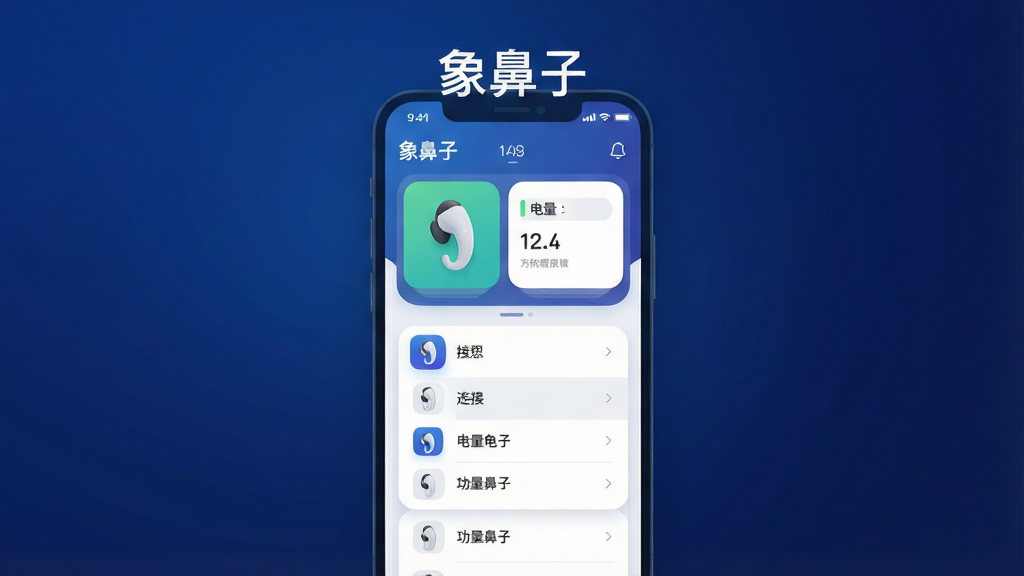 一幅现代简约风格的科技产品展示图,主体为“象鼻子”智能耳机管理APP的界面,悬浮在深蓝色渐变背景中央。界面展示耳机连接状态、电量信息以及功能菜单列表,布局清晰,排版工整。风格为扁平化UI设计,细节包括圆角卡片、柔和阴影、高亮图标。画质高清干净,无多余元素,图片上显示“象鼻子”字样。