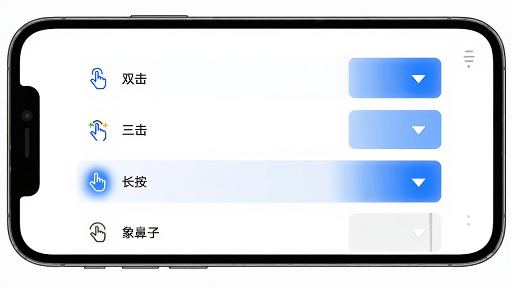 展示“象鼻子”APP自定义触控设置界面,主体为智能手机屏幕,屏幕内显示手势操作选项列表,包括双击、三击、长按等。每个选项右侧有下拉菜单,布局为列表式,风格为简洁的移动端UI设计,细节有蓝色高亮选中状态,画质干净无多余元素。
