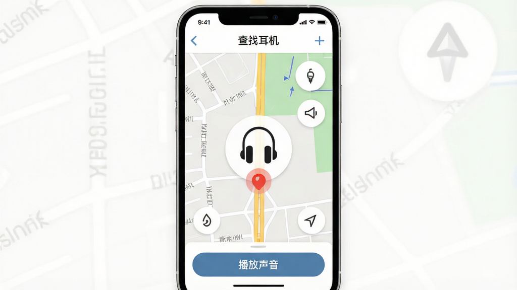 展示“象鼻子”APP耳机查找功能的界面,主体为手机地图界面,地图中央有耳机图标和红色定位标记。界面顶部显示“查找耳机”标题,底部有“播放声音”按钮。风格为简洁的地图应用UI,细节包含街道名称和方向指示,画质清晰干净。