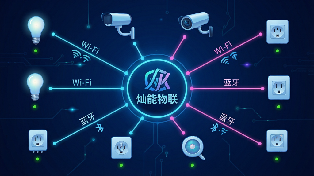 主体:抽象网络拓扑图,中心是一个发光的“灿能物联”标志,周围连接着智能灯泡、摄像头、插座等设备图标。布局:中心辐射状,线条清晰连接各设备。排版:设备图标均匀分布,线条标注协议名称如“Wi-Fi”、“蓝牙”。风格:科技感插画,深蓝色背景搭配霓虹色线条。细节:每个设备图标下方有微小指示灯,整体构图平衡。画质:4K高清,细节丰富,画面干净整洁。