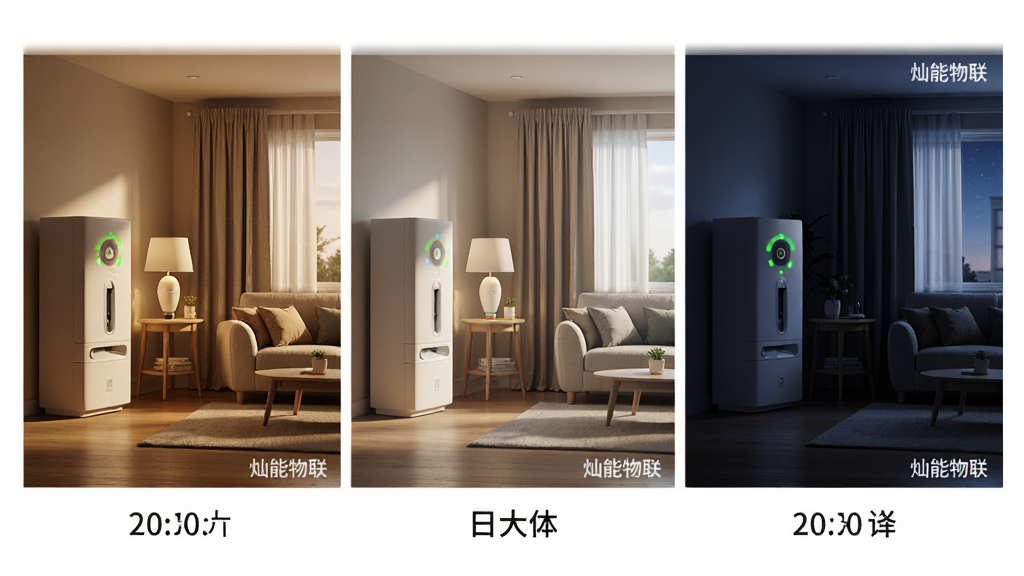 主体:一组智能家居场景示意图,展示早晨、白天、夜晚三种不同光照环境下的设备状态变化。布局:从左到右三幅小图并列,每幅图下方有对应时间标签。排版:画面采用分镜式设计,每个场景中家具和电器位置一致,但灯光和窗帘状态不同。风格:写实3D渲染,暖色调为主,突出温馨氛围。细节:每幅图角落有“灿能物联”水印,设备状态指示清晰。画质:高分辨率,光影自然,画面干净无杂乱元素。