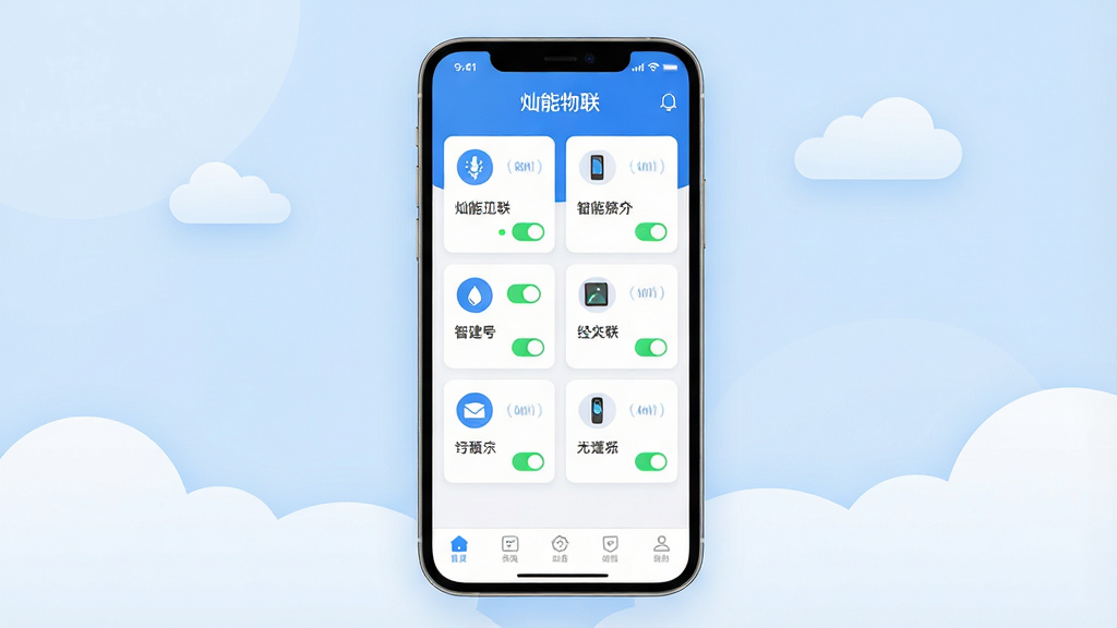 主体:一款名为“灿能物联”的智能手机应用界面,手机屏幕展示智能设备控制面板,包含多个设备图标和状态开关。布局:手机居中,屏幕内容清晰,周围有柔和的浅蓝色背景和几片云朵图案。排版:界面采用卡片式布局,图标排列整齐,文字标签清晰。风格:现代扁平化设计,色彩以蓝白为主,整体清新简约。细节:屏幕上方显示“灿能物联”字样,设备卡片带有绿色在线指示灯,底部有导航栏。画质:高清渲染,光线柔和,画面干净无多余元素。