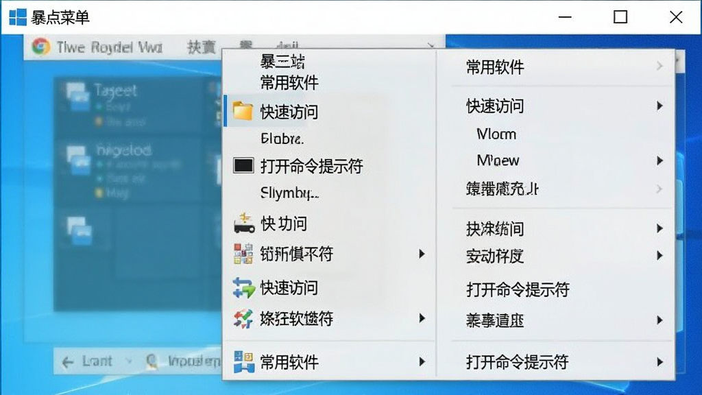 暴点菜单自定义右键菜单功能演示图,右键菜单中显示多个自定义项目,包括“常用软件”、“快速访问”、“打开命令提示符”等,菜单风格与Windows系统融合,画质清晰,界面干净