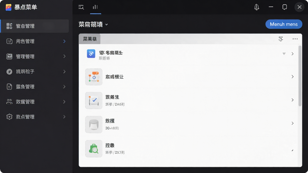 暴点菜单软件主界面预览图,展示其简洁的菜单管理面板,左侧为功能列表,右侧为菜单项编辑区域,整体采用深色主题,布局清晰,现代感强,画质干净,无多余元素