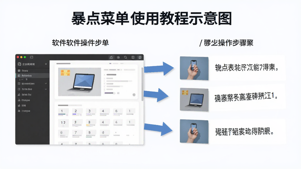 暴点菜单使用教程示意图,展示软件主界面和操作步骤,带有箭头指示和文字说明,风格简洁明了,画质干净