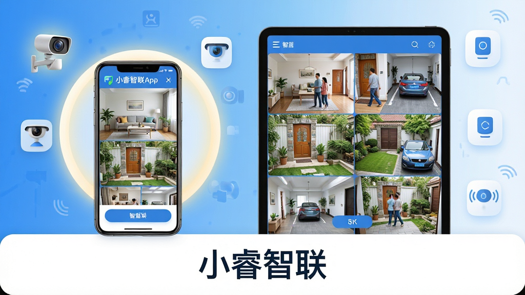 主体:小睿智联App在手机与平板上的界面展示,屏幕中显示多路监控画面网格,画面清晰明亮,包含客厅、门口、庭院等场景;布局:手机居中偏左,平板居右,形成对比,周围有柔和的光晕和智能设备图标(摄像头、传感器)点缀;排版:产品图置于视觉中心,背景为渐变的科技蓝与白色,下方留白区域配以文字“小睿智联”;风格:现代扁平化结合轻拟物,色彩明快,突出智能与安全;细节:监控画面中有人物走动、车辆停放等动态元素,界面按钮清晰可辨;画质:8K超高清,干净,无多余元素。