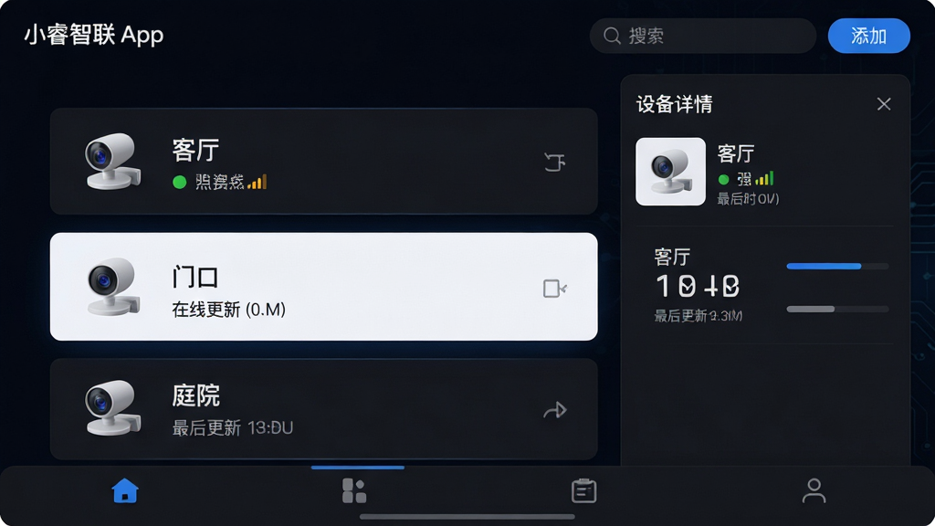 主体:小睿智联App的设备管理界面,左侧为设备列表,右侧为选中设备的详情面板,列表中有多个摄像头图标,分别标注“客厅”“门口”“庭院”;布局:界面以深色背景为主,设备卡片横向排列,选中项高亮显示;排版:信息层级清晰,顶部为搜索栏和添加按钮,底部为功能选项卡;风格:深色科技风,强调专业感和数据可视化;细节:每个设备卡片显示在线状态、信号强度图标和最后更新时间;画质:超高清,干净,无多余元素。