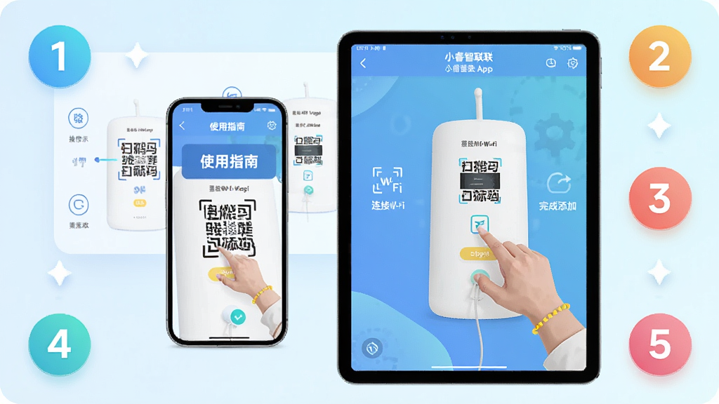 主体:一部手机和一部平板同时显示小睿智联App的监控画面,手机屏幕上有“使用指南”字样,背景为操作示意图;布局:手机与平板并排,屏幕内容清晰可见,周围有步骤序号图标1-2-3-4-5;排版:步骤图标悬浮于画面四角,形成引导视觉动线;风格:科技感插画风,色彩清新;细节:画面中模拟了添加设备的流程,包括扫码、连接Wi-Fi、完成添加;画质:高清,干净,无多余元素。