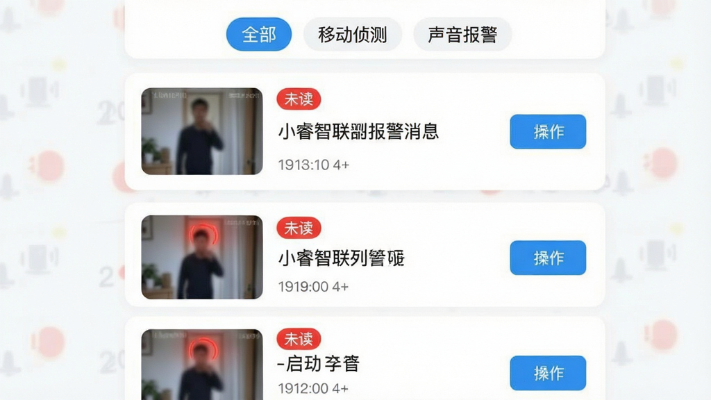 主体:小睿智联App的报警消息列表页面,每条消息带有缩略图和时间戳,顶部有筛选条件标签(全部、移动侦测、声音报警);布局:列表采用卡片式设计,左侧为缩略图,右侧为文字描述和操作按钮;排版:消息按时间倒序排列,最新报警置顶,醒目的红色“未读”圆点标识;风格:清新简约,信息易读;细节:缩略图画面显示一个模糊的人影,突出报警场景;画质:超高清,干净,无多余元素。