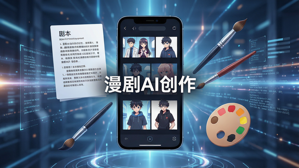 一幅展示漫剧AI创作软件核心界面的高清概念图,画面主体为一部智能手机悬浮于半空,屏幕中显现出AI自动生成的漫剧分镜与角色立绘,周围环绕着剧本文字、画笔、调色盘等创作元素,背景为未来感的光效与数据流,整体布局居中,排版简洁,风格偏科技感与动漫融合,细节丰富,画质细腻干净,无多余元素,屏幕中央显示“漫剧AI创作”字样