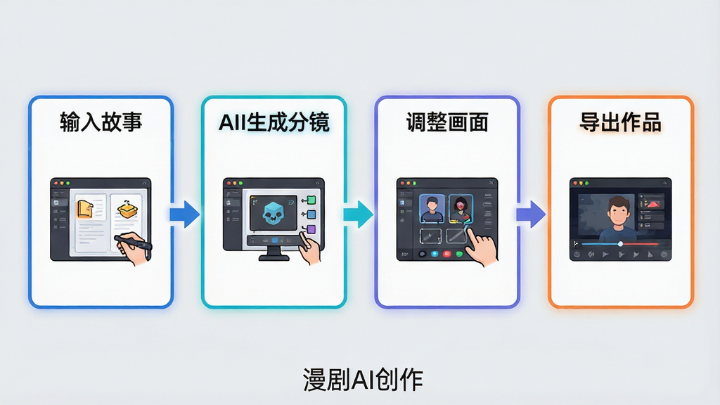 一幅展示漫剧AI创作操作流程的步骤图,画面分为四个板块,分别标注“输入故事”、“AI生成分镜”、“调整画面”、“导出作品”,每个板块内有对应的界面小图标,整体为横向排版,背景为浅灰色,风格简洁明快,细节包括箭头连接与高亮边框,画质干净,无多余元素,底部标有“漫剧AI创作”水印