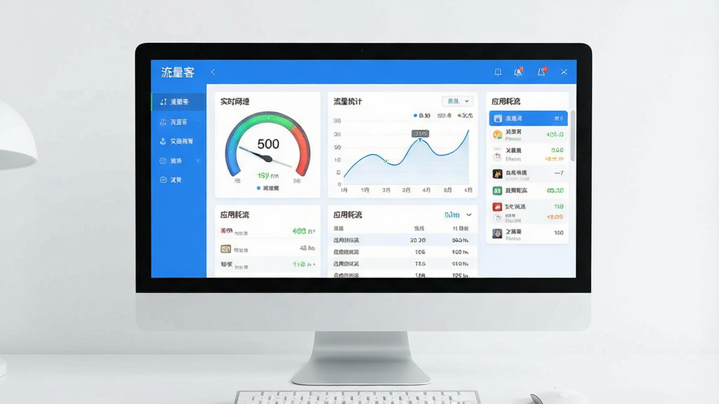 一张干净简洁的电脑桌面场景,屏幕中央显示流量客软件主界面,界面以蓝色和白色为主色调,包含实时网速仪表盘、流量统计折线图、应用耗流列表,界面布局清晰,文字标注“流量客”,整体风格现代科技感,画质清晰,干净无多余元素。