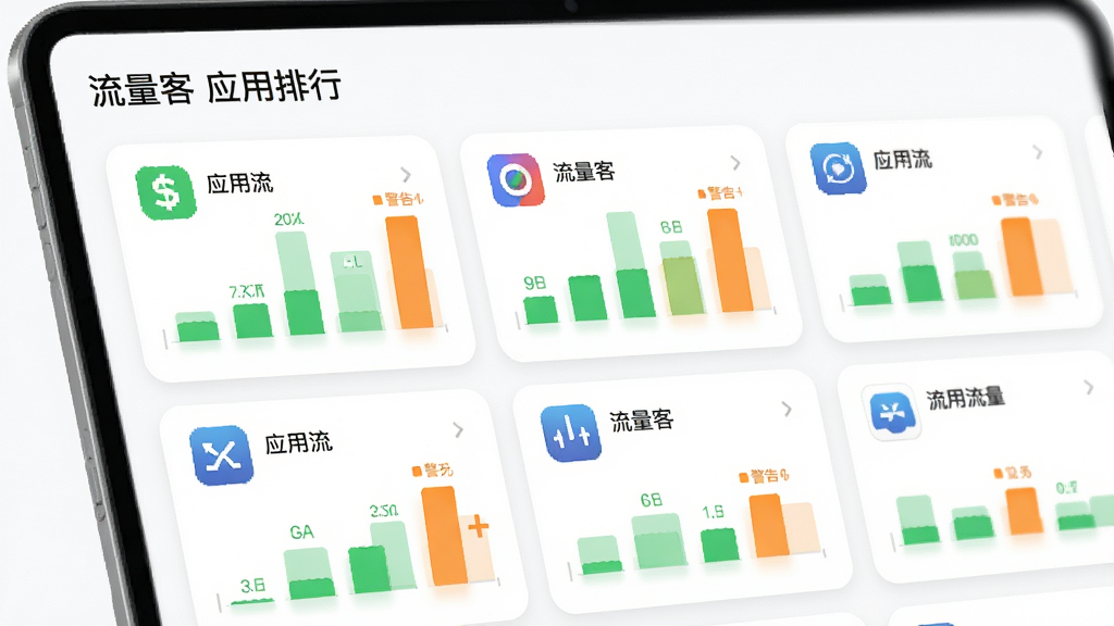 流量客软件的流量排行界面,屏幕上展示多个应用图标与对应的流量柱状图,绿色表示已用流量,橙色表示警告,界面白色背景,卡片式布局,文字“流量客 应用排行”,风格清新,画质细腻,干净无多余元素。