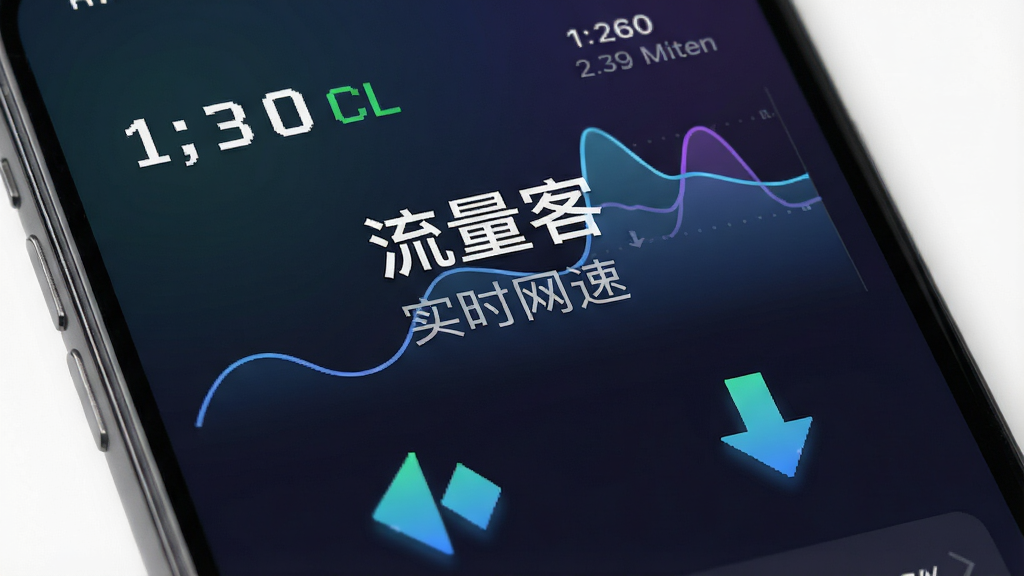 流量客软件运行在手机上的界面特写,主界面显示实时网速数字与波浪形速度曲线,背景为深色渐变,前景有上传下载箭头图标,文字“流量客 实时网速”,排版居中,细节丰富,画质高清,风格简洁明亮,干净无多余元素。