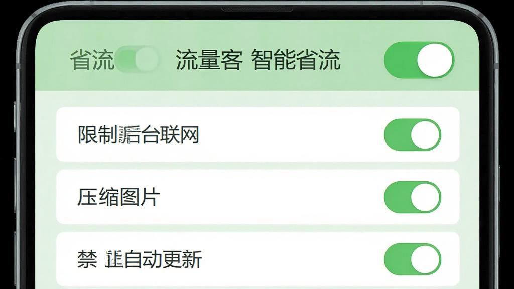流量客的省流模式设置页面,界面顶部有省流开关按钮,下方列出多个省流选项如“限制后台联网”、“压缩图片”、“禁止自动更新”,每个选项旁有绿色开关,整体界面以浅绿色为主,文字“流量客 智能省流”,排版整齐,画质清晰,干净无多余元素。