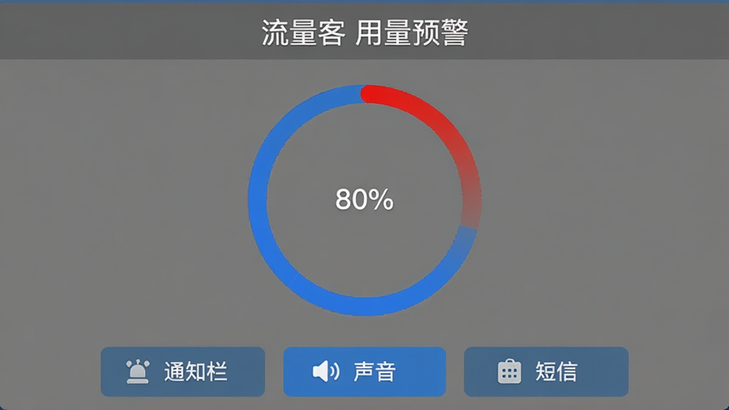 流量客的预警设置界面,显示一个环形进度条,流量使用到80%位置标红,下方有提醒方式选项,包括通知栏、声音、短信,界面以灰色和蓝色为主,文字“流量客 用量预警”,画质干净,风格简洁,无多余元素。
