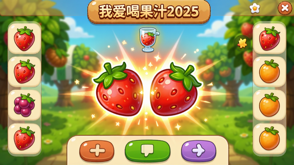 主体:游戏“我爱喝果汁2025”的合成界面,两个相同的草莓图标正在合并,发出光芒。布局:屏幕中央是合成动画,两侧有水果图标和分数。排版:上下排列,上方显示目标果汁,下方为操作区。风格:卡通可爱风,色彩鲜艳。细节:光芒四射,水果表面有光泽,背景有果园元素。画质:高清,干净,无多余元素。