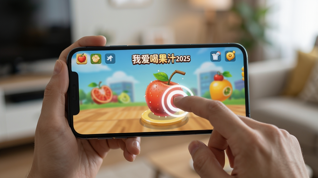 主体:玩家正在手机上操作“我爱喝果汁2025”游戏,手指点击屏幕。布局:手机屏幕特写,背景为模糊的室内环境。排版:手机居中,屏幕内显示游戏界面。风格:写实风格,光线柔和。细节:手指触摸位置有光圈,屏幕反射微光。画质:高清,干净,无多余元素。