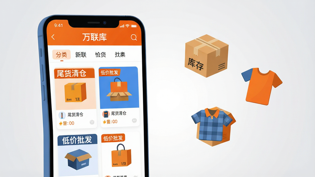 主体:一部亮着屏幕的智能手机,屏幕中显示“万联库”应用主界面,界面有商品列表和分类标签;布局:手机放在画面中央偏左,右侧留白处悬浮着几个纸箱和衣物图标,背景为浅灰色渐变;排版:手机屏幕内容清晰可辨,右侧图标错落有致,整体平衡;风格:扁平化插画风,色彩明快,以橙色和蓝色为主色调;细节:手机屏幕上有“万联库”字样,商品卡片显示“尾货清仓”“低价批发”等标签,纸箱上有“库存”字样;画质:4K高清,干净,无多余元素