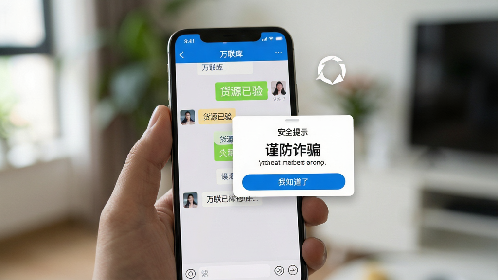 主体:一部手机握在用户手中,屏幕显示“万联库”的聊天界面,旁边有“安全提示”弹窗;布局:手机位于画面中央,背景为模糊的室内环境,弹窗内容清晰可见;排版:聊天界面有对话气泡,弹窗上有“谨防诈骗”字样;风格:写实拍摄风格,自然光线,背景虚化;细节:手机屏幕上显示“万联库”应用名称,聊天框中有“货源已验”标签,弹窗按钮为“我知道了”;画质:高清,干净,无多余元素
