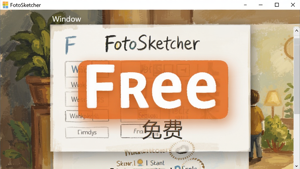 一张展示FotoSketcher关于窗口或官网信息的截图,突出显示“免费”字样,背景为软件绘制的艺术画作,整体色调温馨,画质高清,干净无多余元素。