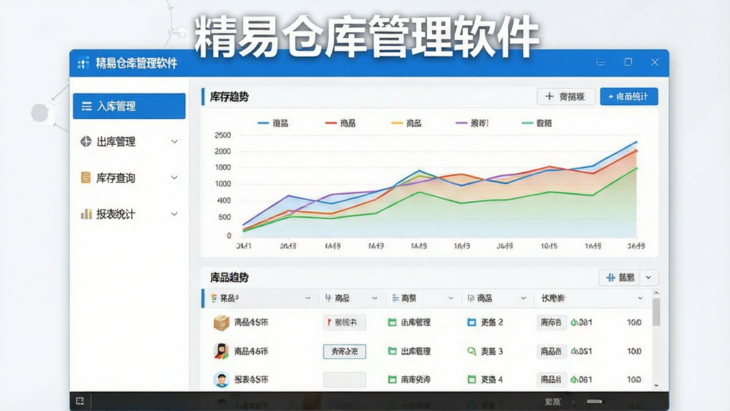 一张现代简约风格的软件界面预览图,主体为“精易仓库管理软件”的桌面端操作面板,左侧功能导航栏清晰列出“入库管理、出库管理、库存查询、报表统计”等模块,右侧主区域展示彩色库存趋势折线图与商品列表,整体布局整洁,蓝白配色为主,画质清晰,干净无多余元素,图片中文字请使用“精易仓库管理软件”作为标题。