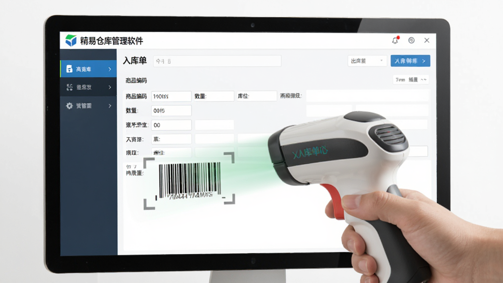 展示“精易仓库管理软件”出入库操作界面的截图,主体为扫码枪扫描商品条码的瞬间,背景是电脑屏幕上清晰的入库单填写页面,包含商品编码、数量、库位等字段,界面风格简洁明亮,突出高效便捷的操作体验,画质干净,无多余元素。