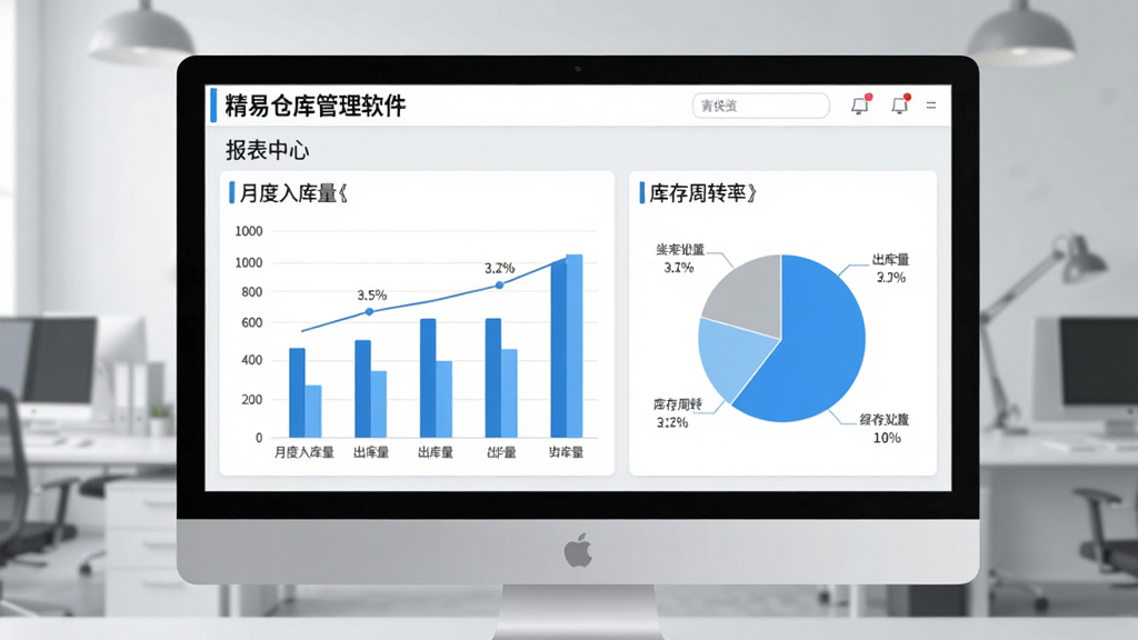 一张“精易仓库管理软件”报表中心的预览图,主体为电脑屏幕上的柱状图与饼图组合,展示月度入库量、出库量及库存周转率,背景为简洁的办公室环境,整体色调为浅灰色与蓝色搭配,画质清晰,干净无多余元素。